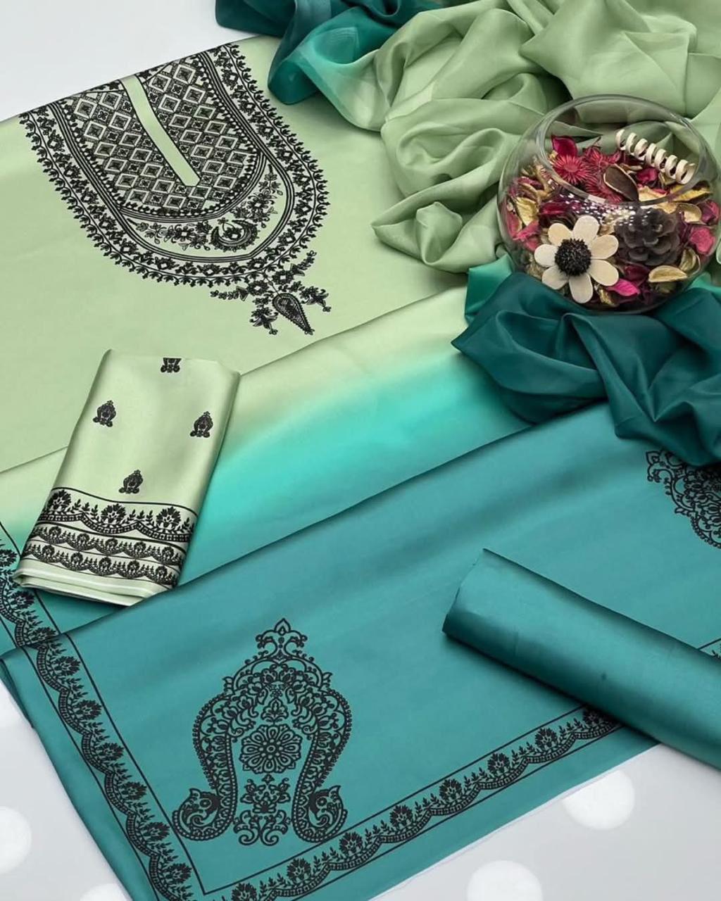Sea Green Tie & Dye Digital Printed 3-Piece Suit – Shamooz Silk Elegance