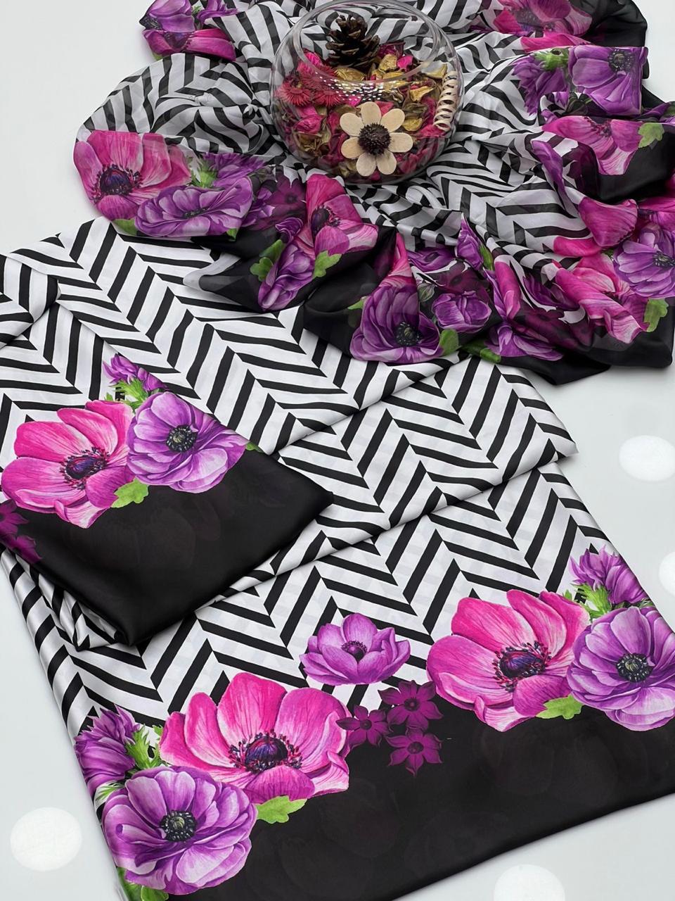 white black Digital Printed 3PC Shamooz Silk Set