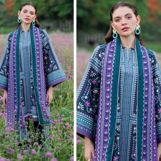 Purple with zinc Viscose 3-Piece Digital Printed Suit – Jazmin Winter Luxury Collection