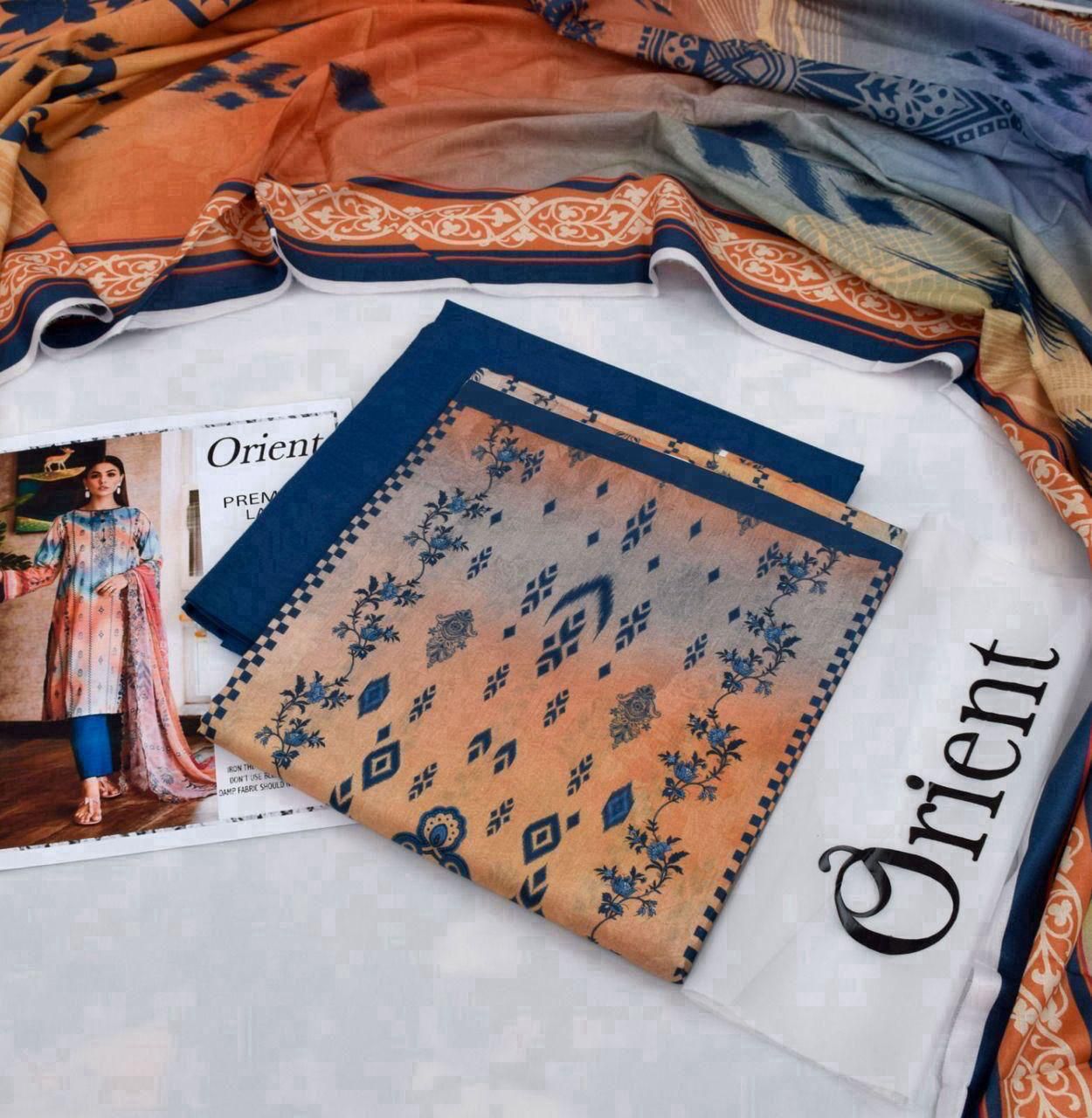 peach with  Blue printed Orient 3-Piece Digital Printed Suit – Timeless Elegance