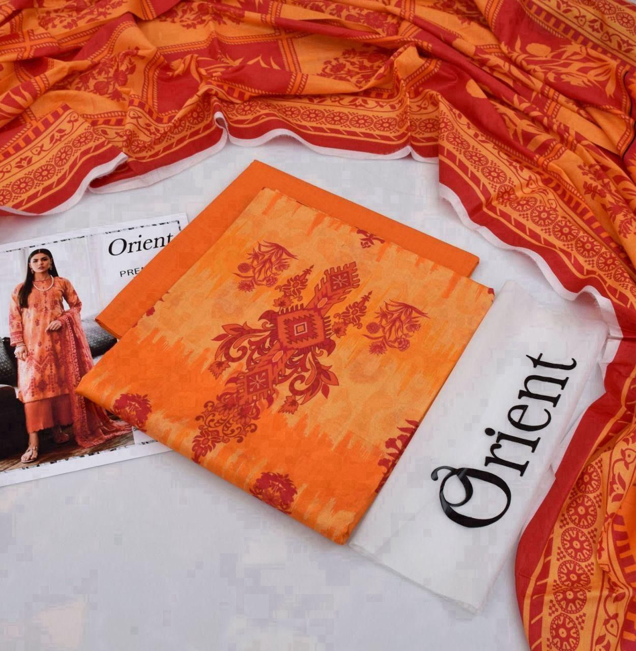 Orange Orient 3-Piece Digital Printed Suit - Timeless Elegance