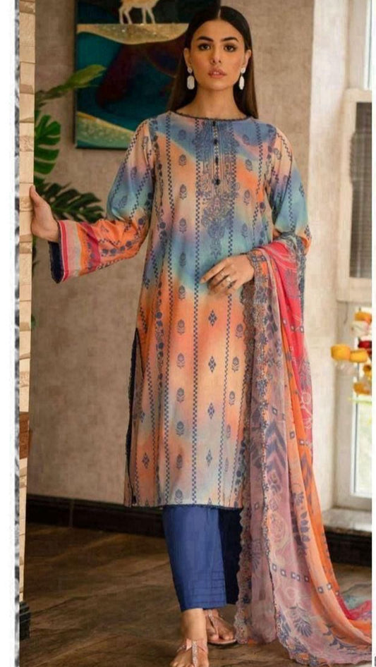 peach with  Blue printed Orient 3-Piece Digital Printed Suit – Timeless Elegance