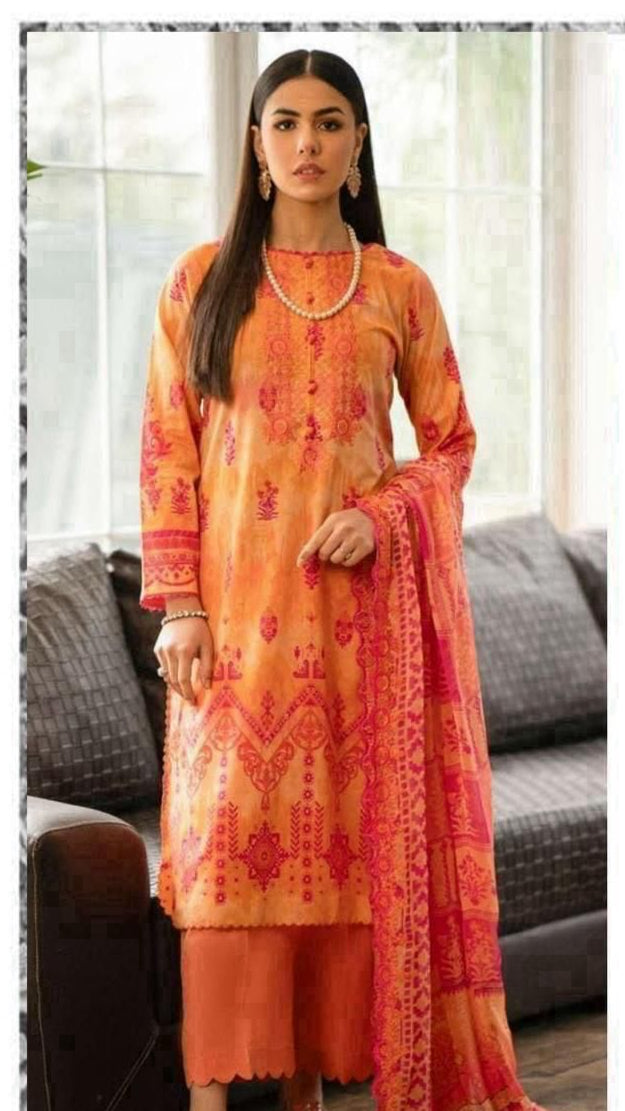 Orange Orient 3-Piece Digital Printed Suit - Timeless Elegance