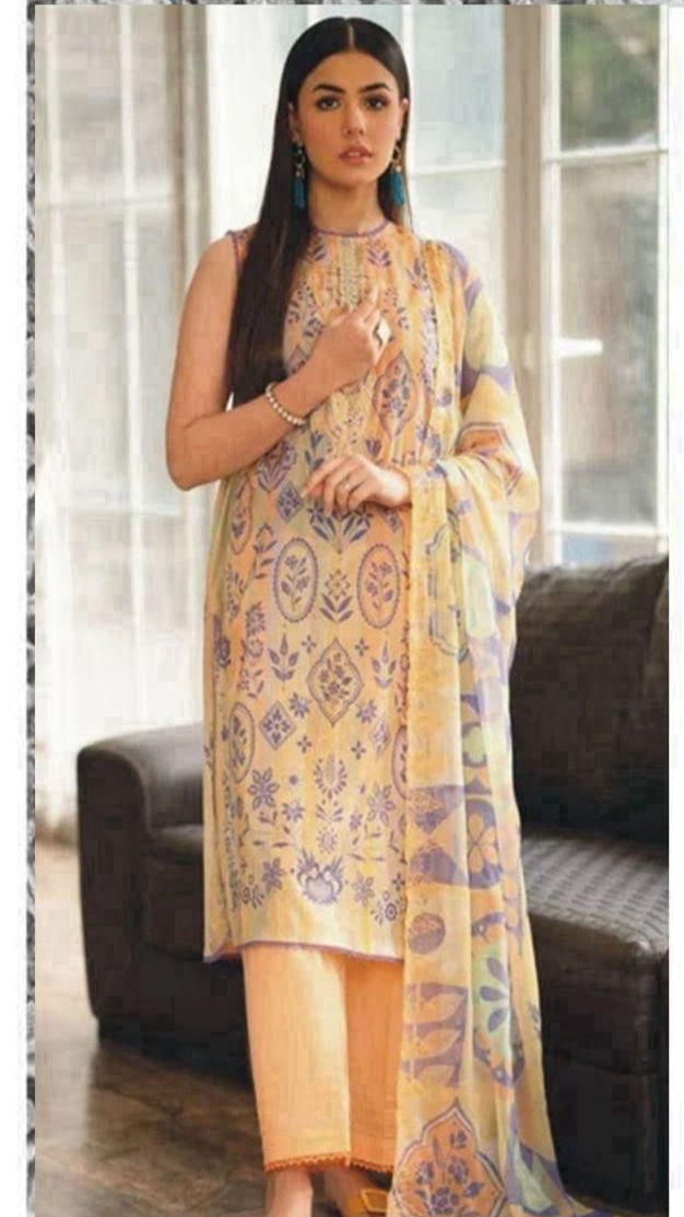 Light Yellow Orient 3-Piece Digital Printed Suit - Timeless Elegance