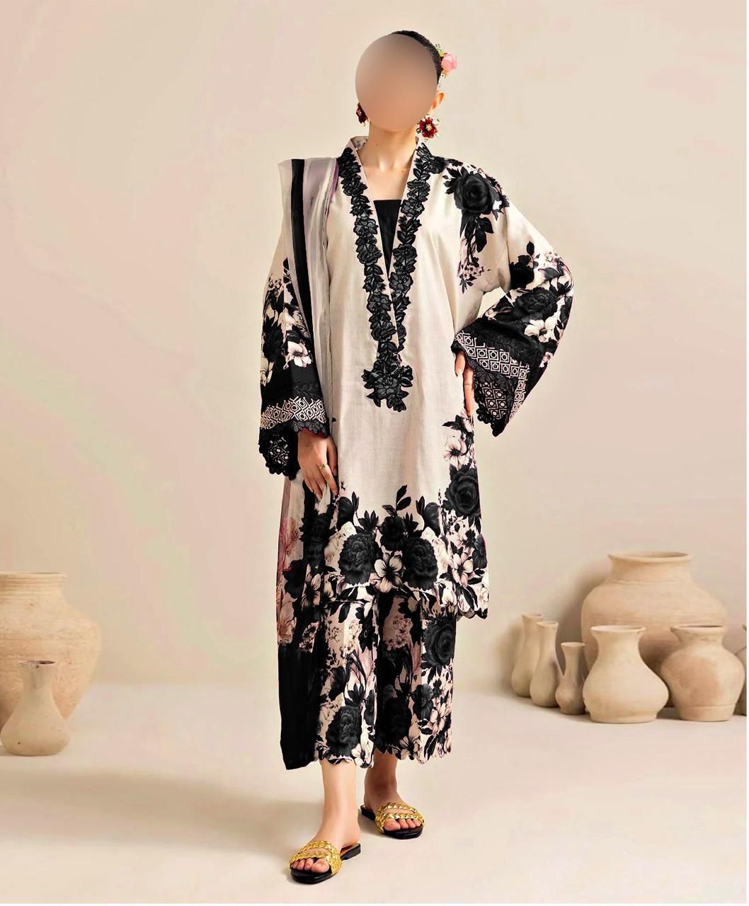 Beige with Black Printed 3-Piece Suit – Shamooz Silk Elegance