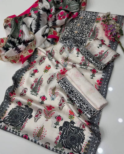 White Digital Printed 3PC Shamooz Silk Set