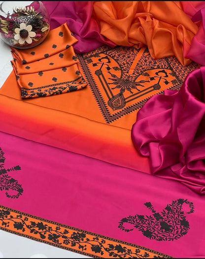 Orange Tie & Dye Digital Printed 3PC Shamooz Silk Set
