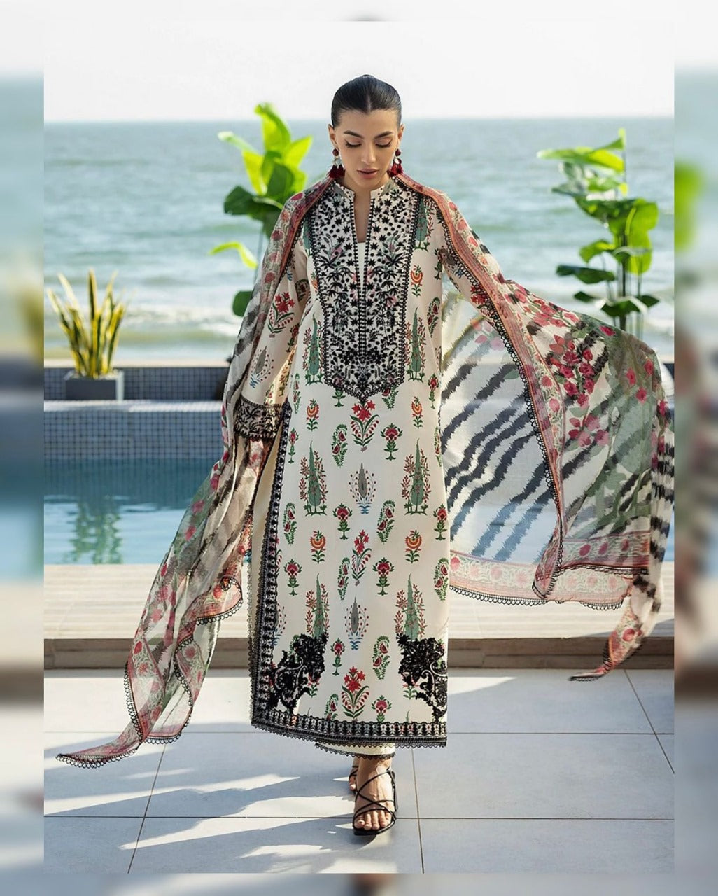 White Digital Printed 3PC Shamooz Silk Set