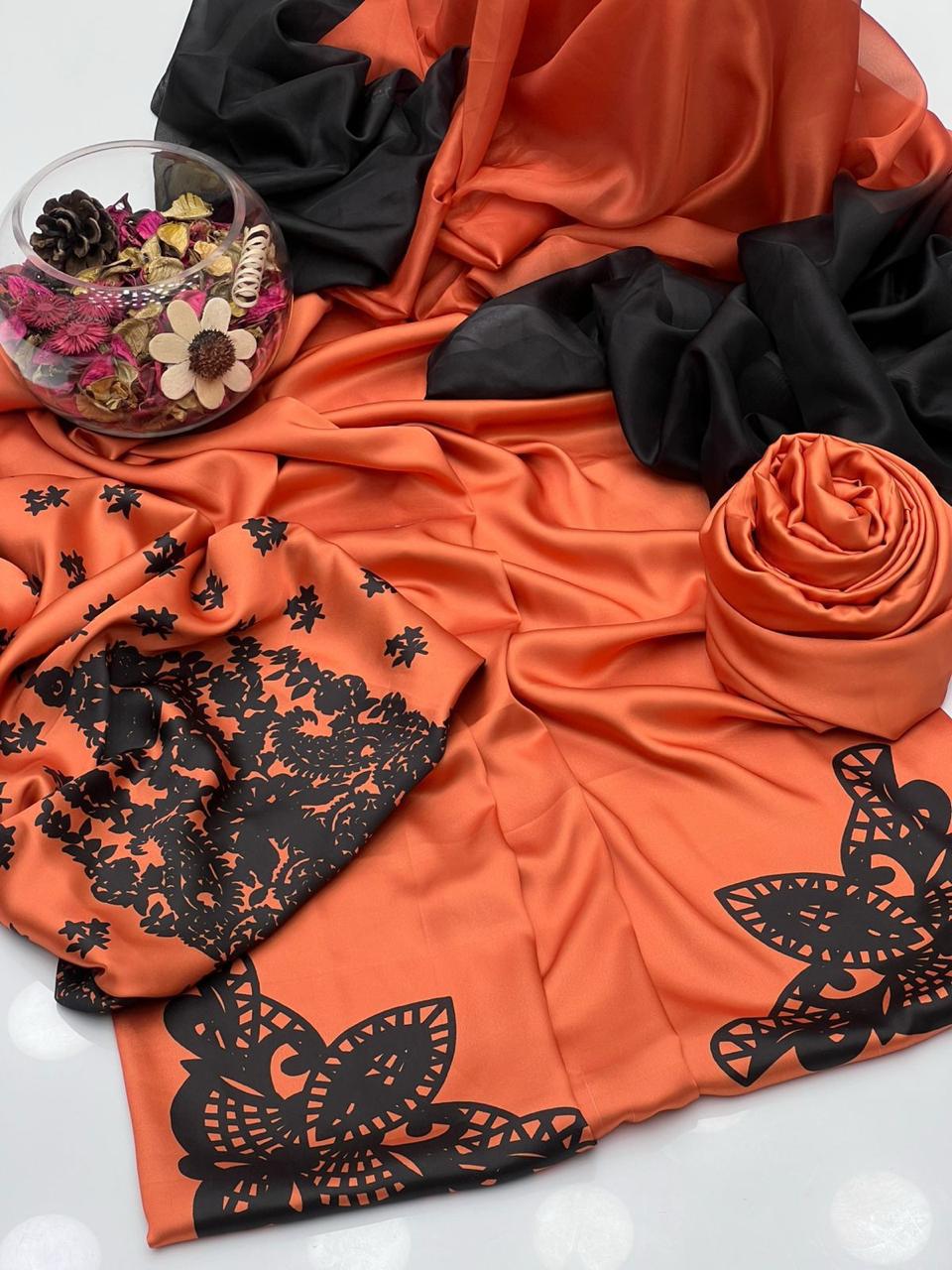 Black with orange Printed 3-Piece Suit – Shamooz Silk Elegance
