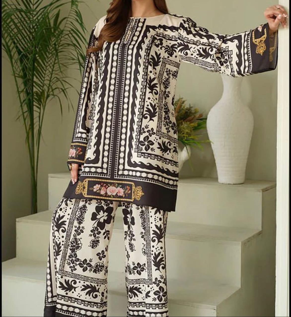 Black With White  Digital Printed 3PC Shamooz Silk Set