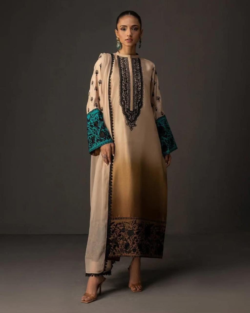 Bronze Tie & Dye Digital Printed 3PC Shamooz Silk Set