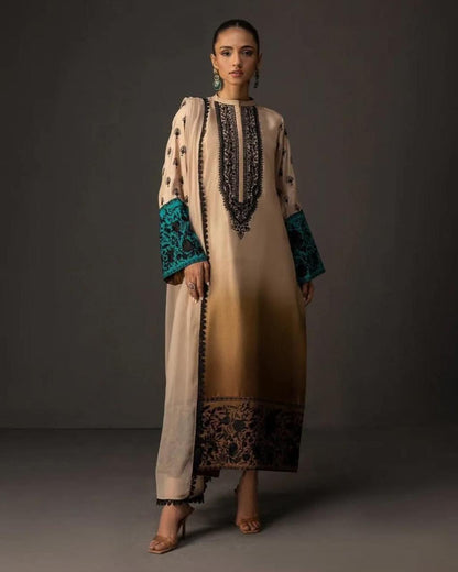 Bronze Tie & Dye Digital Printed 3PC Shamooz Silk Set