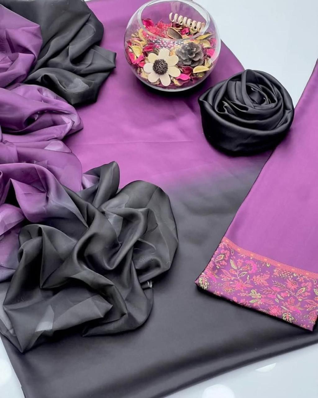 Dark purple Tie & Dye Digital Printed 3PC Shamooz Silk Set