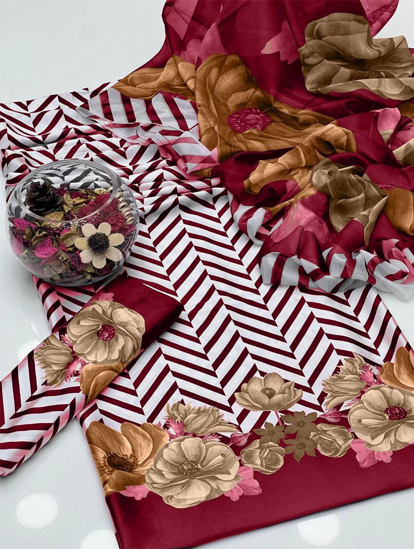 White with Maroon Digital Printed 3PC Shamooz Silk Set