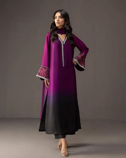 Dark purple Tie & Dye Digital Printed 3PC Shamooz Silk Set
