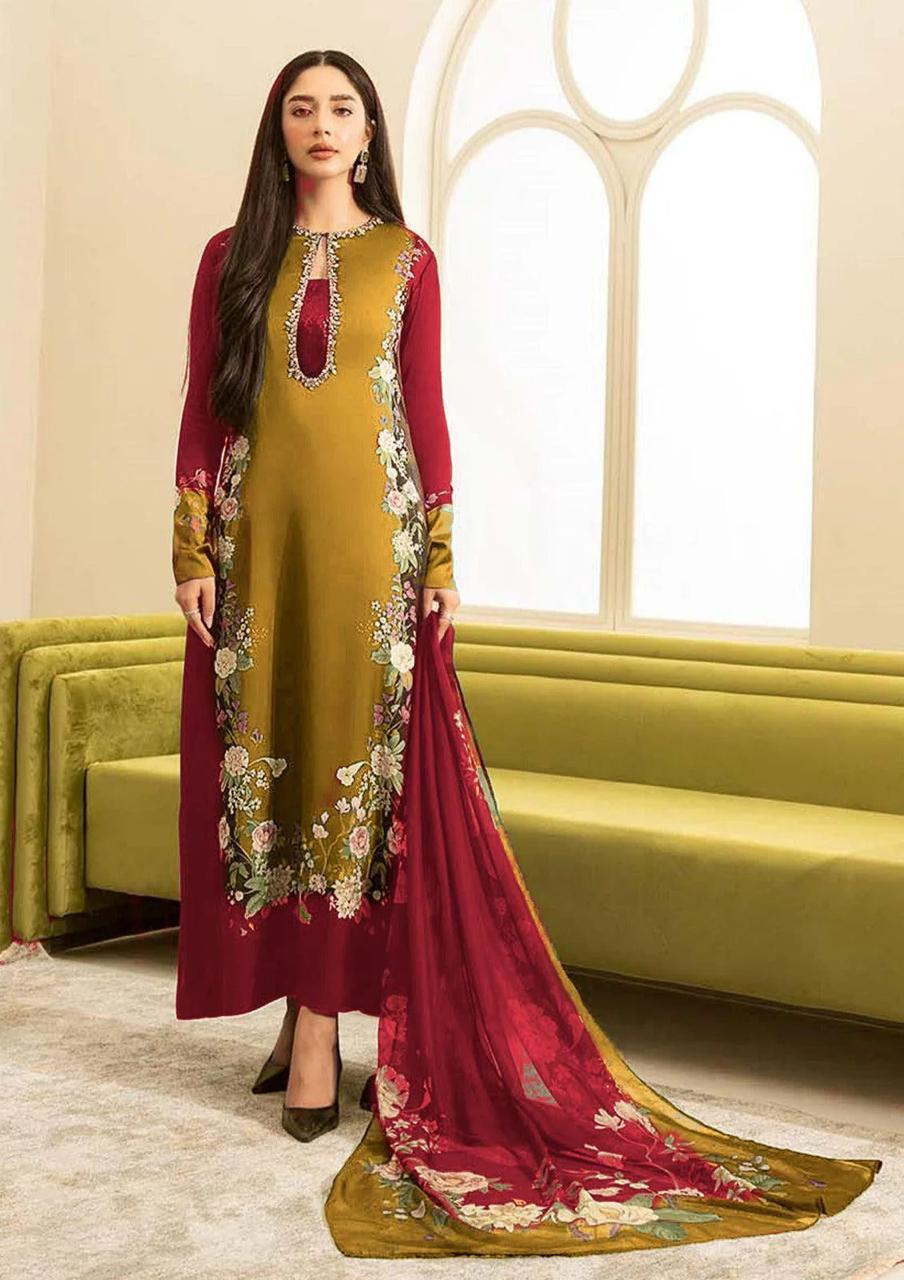 Maroon Digital Printed 3PC Shamooz Silk Set