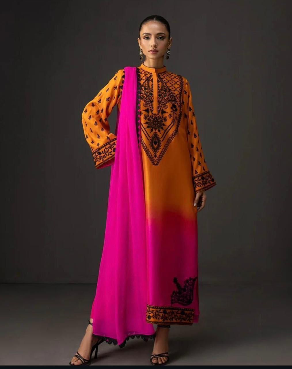 Orange Tie & Dye Digital Printed 3PC Shamooz Silk Set