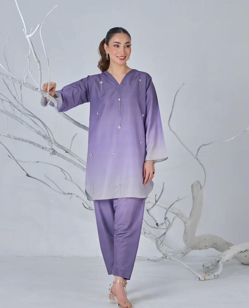 Light Purple Tie & Dye Digital Printed 3PC Shamooz Silk Set