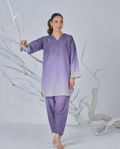 Light Purple Tie & Dye Digital Printed 3PC Shamooz Silk Set