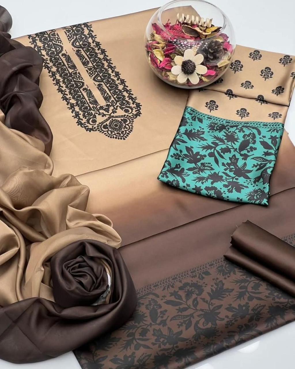 Bronze Tie & Dye Digital Printed 3PC Shamooz Silk Set