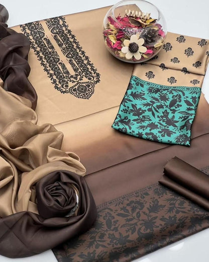 Bronze Tie & Dye Digital Printed 3PC Shamooz Silk Set