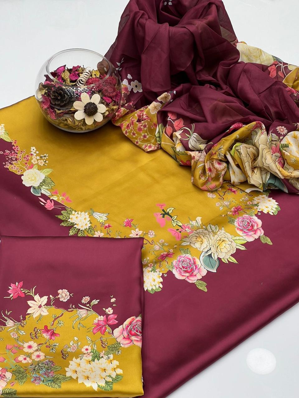 Maroon Digital Printed 3PC Shamooz Silk Set