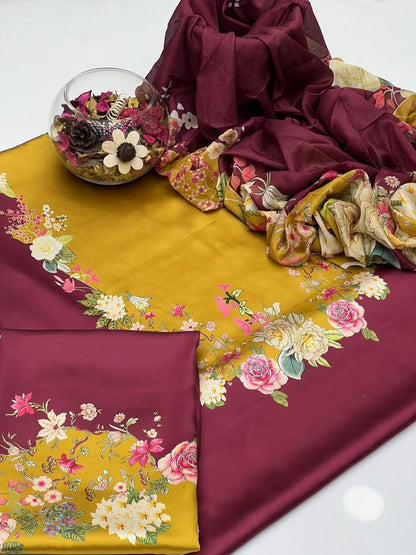 Maroon Digital Printed 3PC Shamooz Silk Set
