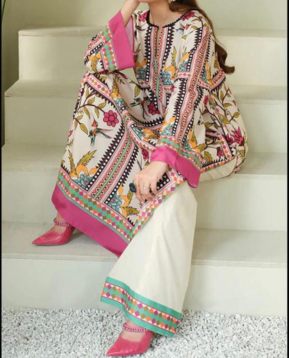 White Digital Printed 3PC Shamooz Silk Set