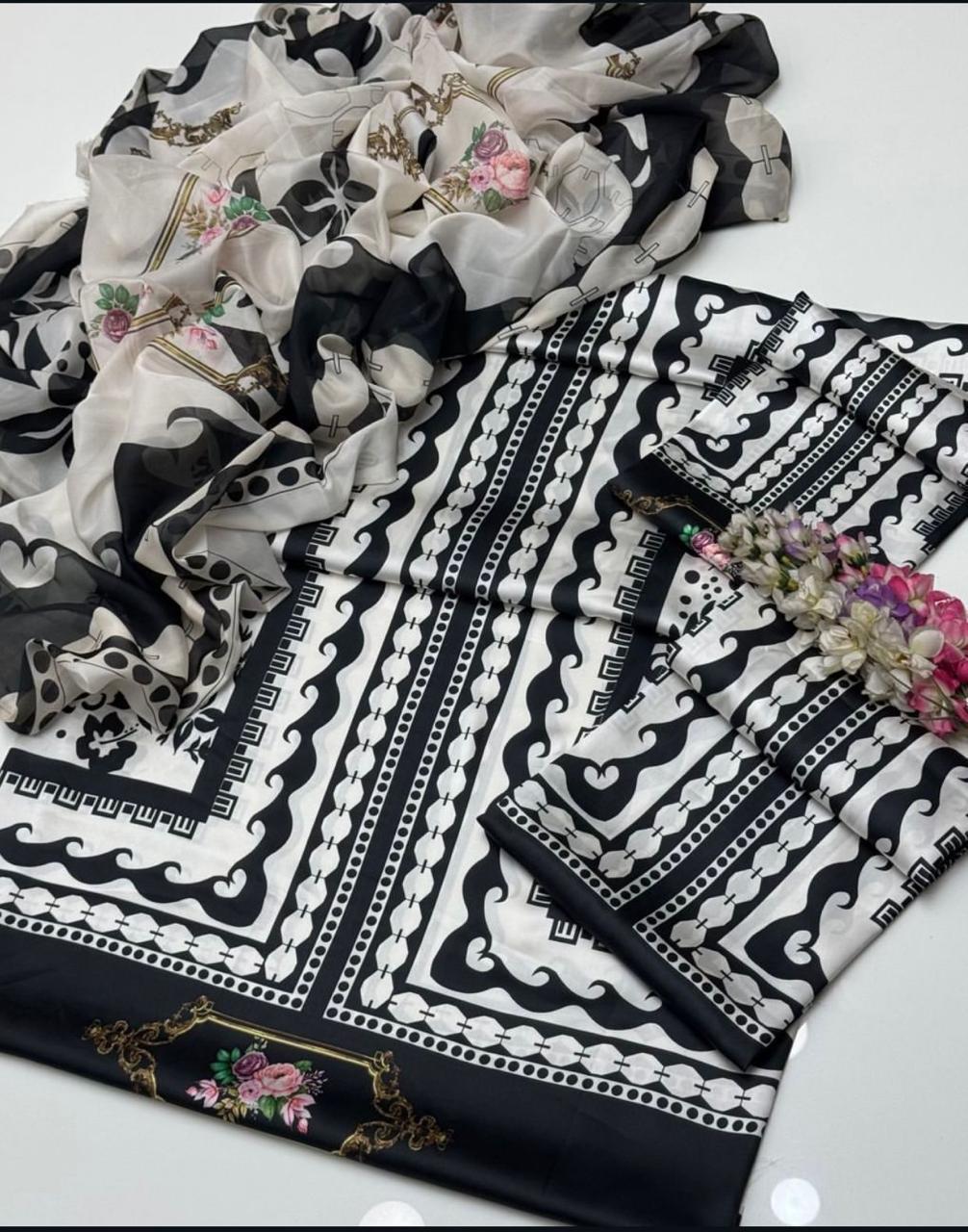 Black With White  Digital Printed 3PC Shamooz Silk Set