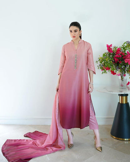 Pink Tie & Dye Digital Printed 3PC Shamooz Silk Set
