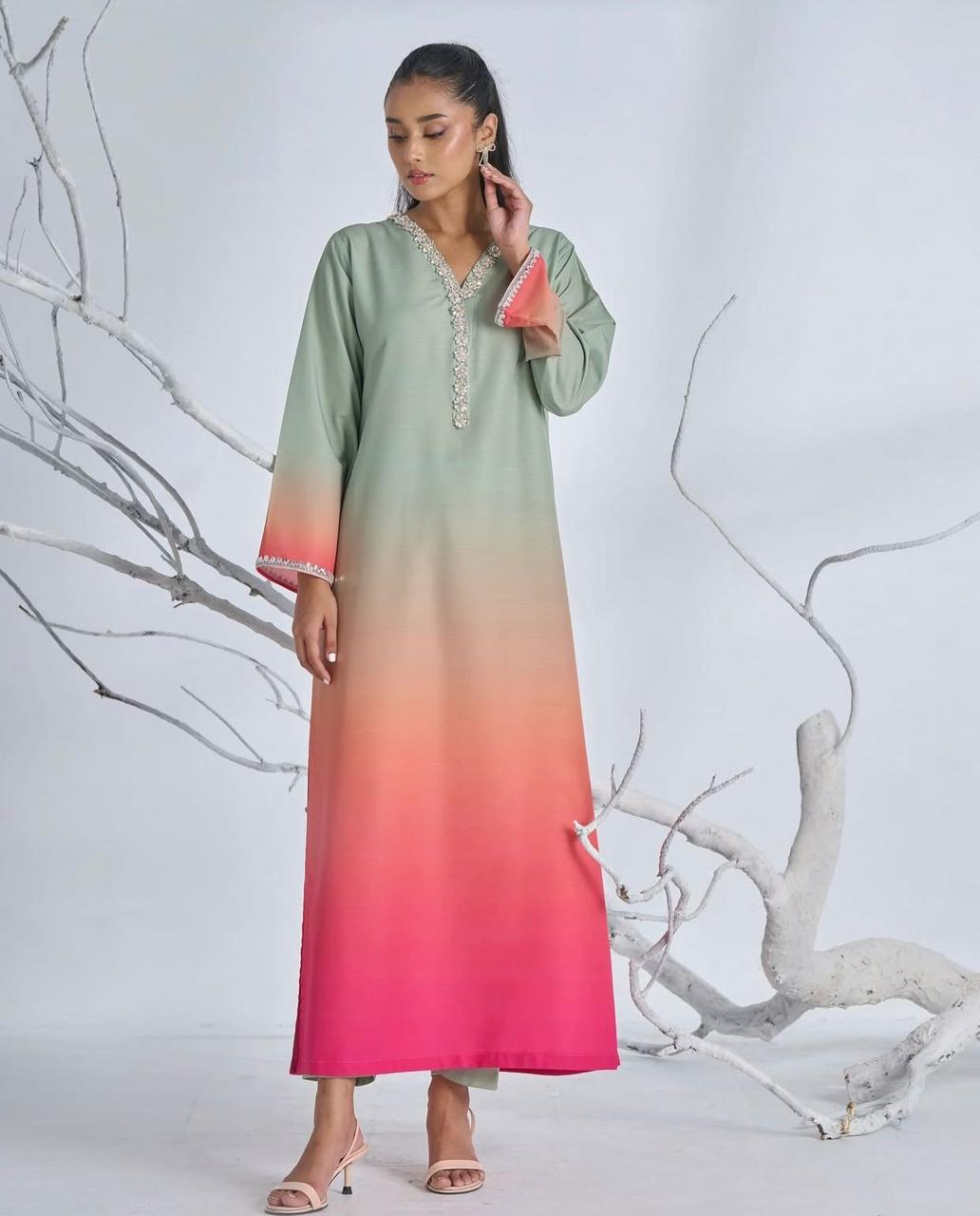 Sea Green Tie & Dye Digital Printed 3PC Shamooz Silk Set