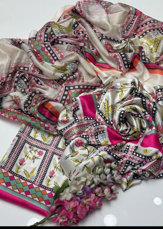 White Digital Printed 3PC Shamooz Silk Set