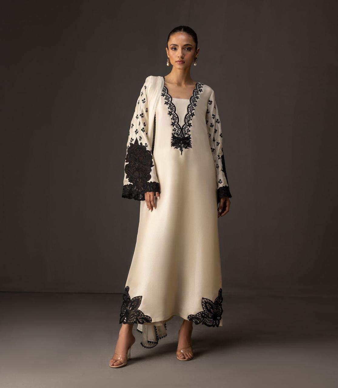 Beige with Black Digital Printed 3PC Shamooz Silk Set