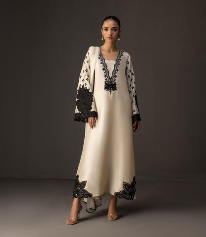 Beige with Black Digital Printed 3PC Shamooz Silk Set