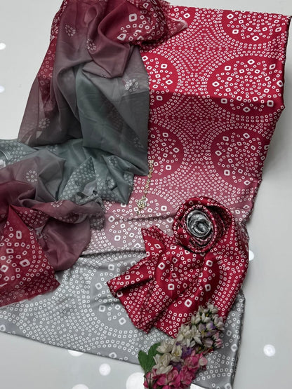 Red Tie & Dye Digital Printed 3PC Shamooz Silk Set