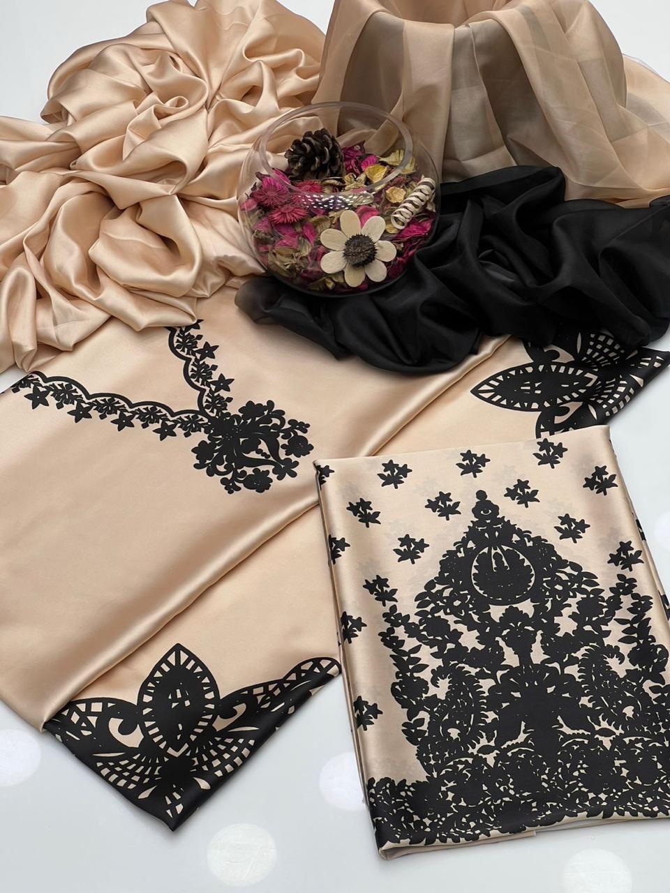 Beige with Black Digital Printed 3PC Shamooz Silk Set