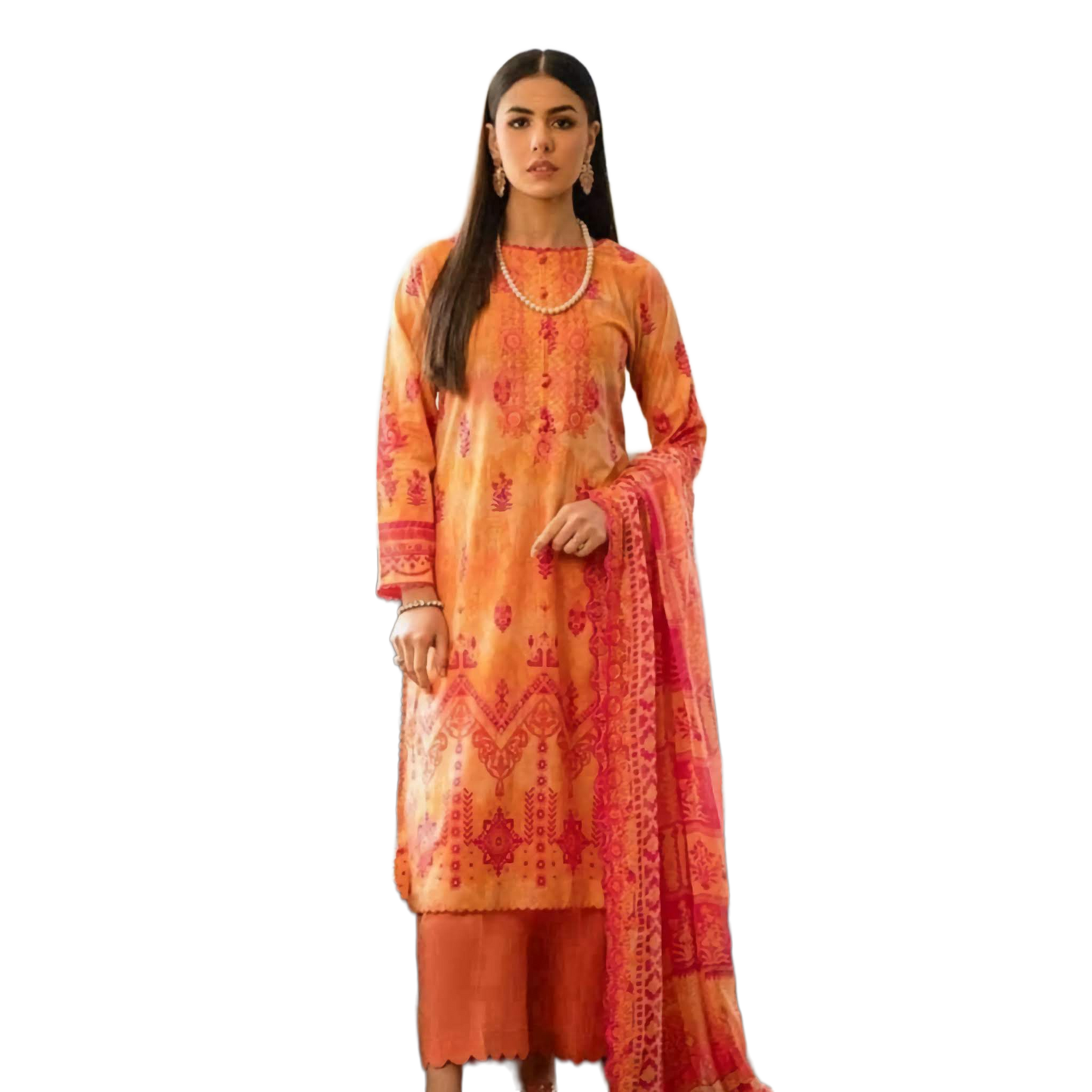 Orange Orient 3-Piece Digital Printed Suit - Timeless Elegance