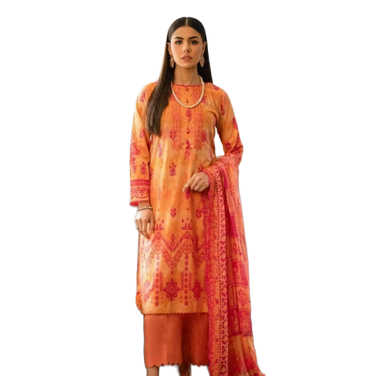 Orange Orient 3-Piece Digital Printed Suit - Timeless Elegance