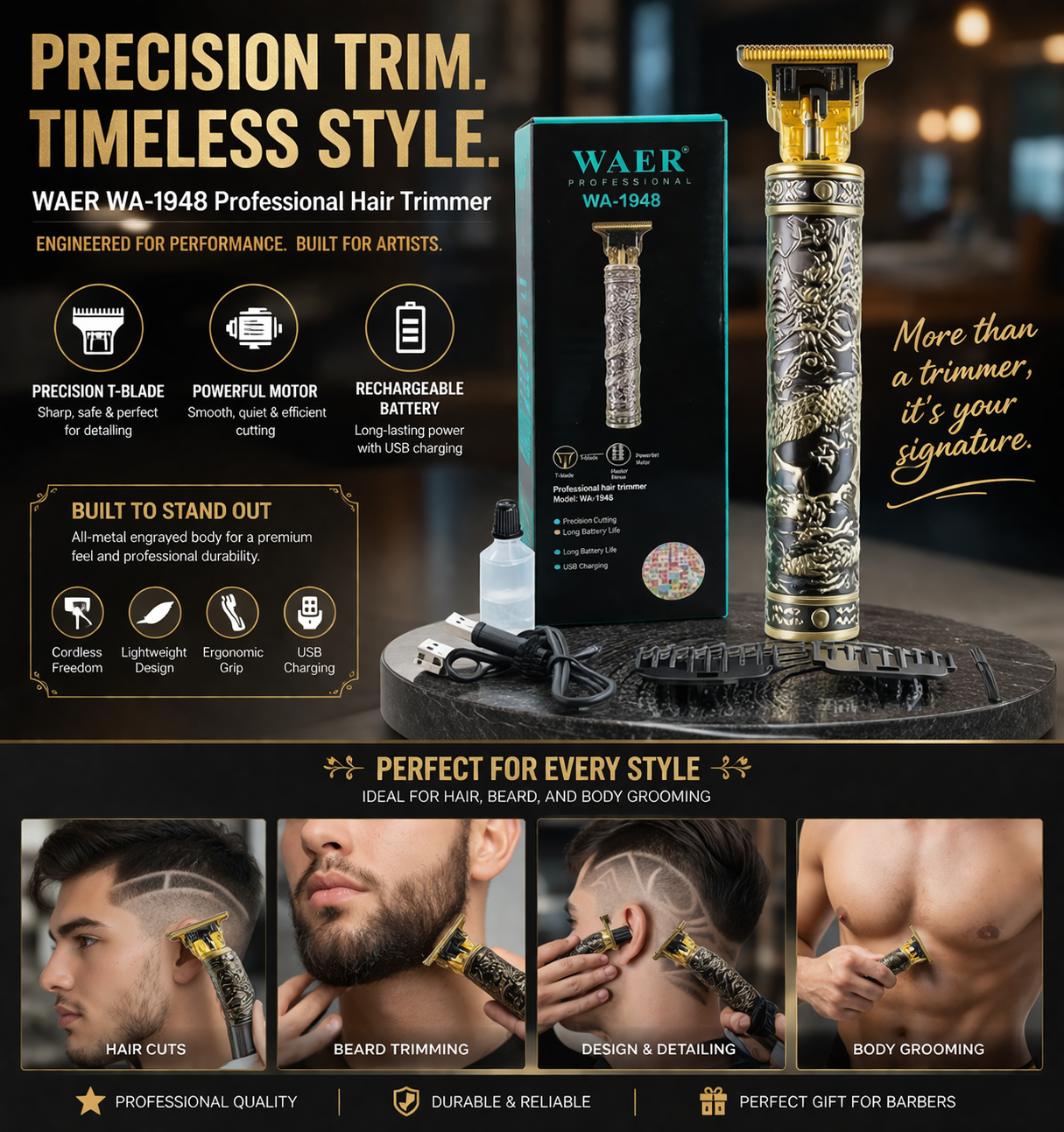 WAER Professional Hair Trimmer WA-1948 | Dragon Engraved Cordless USB Clipper | Precision Grooming with Durable Titanium Blade
