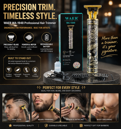 WAER Professional Hair Trimmer WA-1948 | Dragon Engraved Cordless USB Clipper | Precision Grooming with Durable Titanium Blade