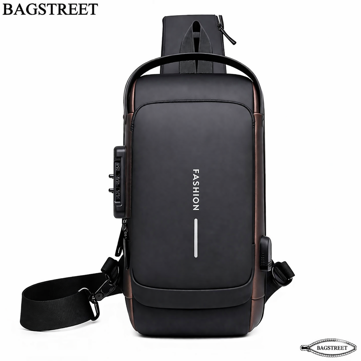 Men’s Waterproof Anti-Theft Sling Bag with USB Charging Port – Premium Matte Black & Bronze Crossbody Chest Pack for Travel, Work & Daily Use