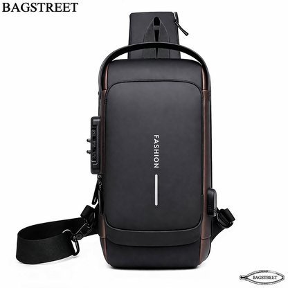 Men’s Waterproof Anti-Theft Sling Bag with USB Charging Port – Premium Matte Black & Bronze Crossbody Chest Pack for Travel, Work & Daily Use