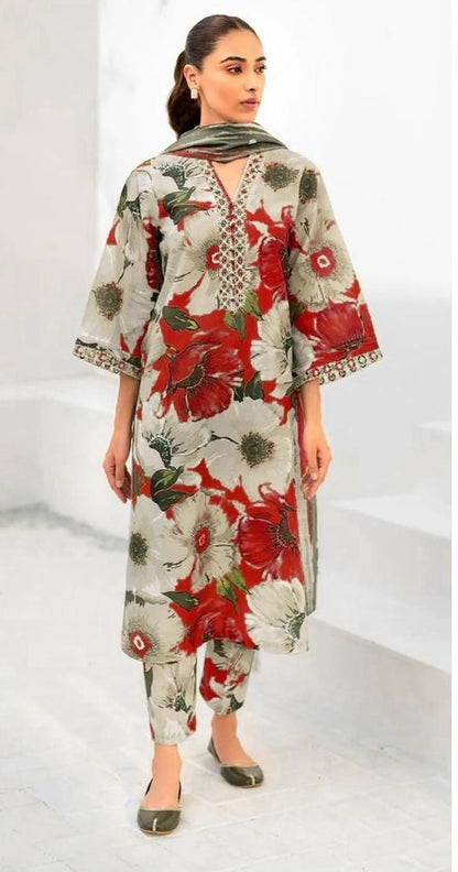 Iznik | 3pcs khaddar collection | Floral & abstract pattern of red/green/beige