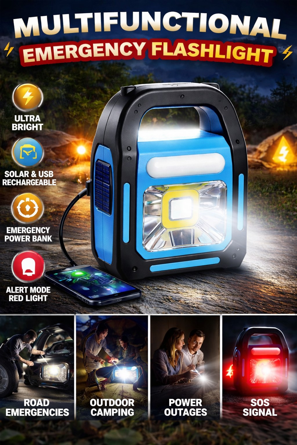 Multifunctional Solar Emergency Lantern – Rechargeable LED Camping Light with Power Bank & SOS Alert