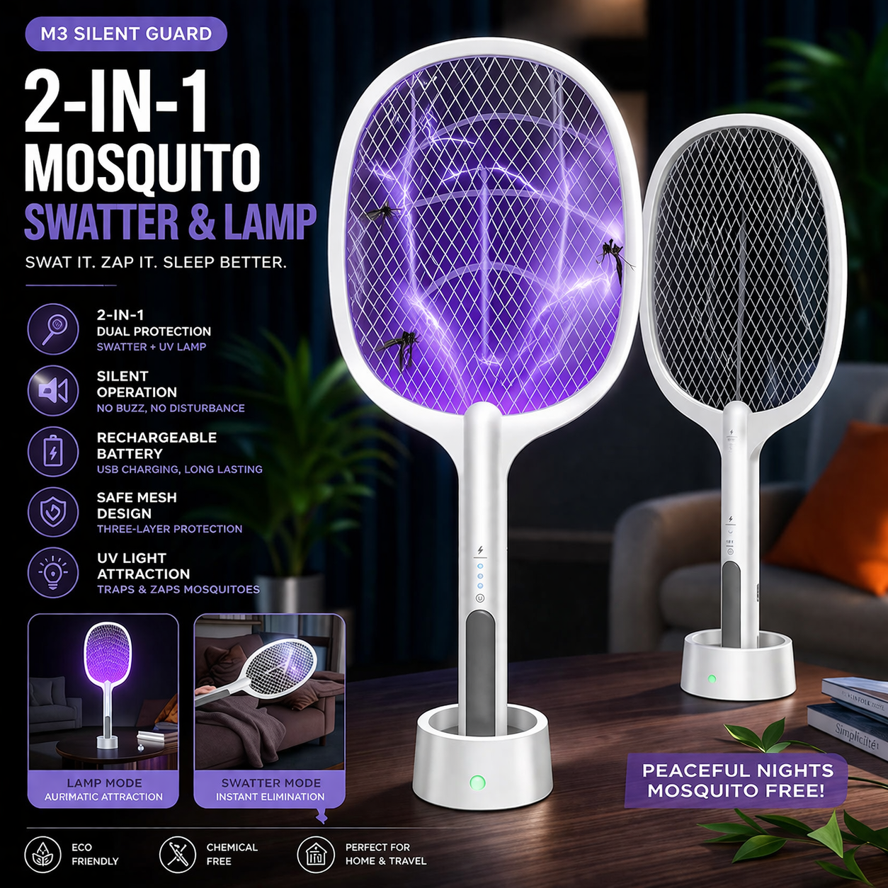 M3 Silent Guard 2-in-1 Mosquito Zapper – Rechargeable Electric Swatter & UV Lamp