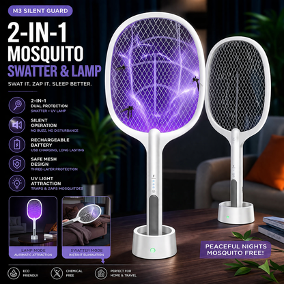 M3 Silent Guard 2-in-1 Mosquito Zapper – Rechargeable Electric Swatter & UV Lamp
