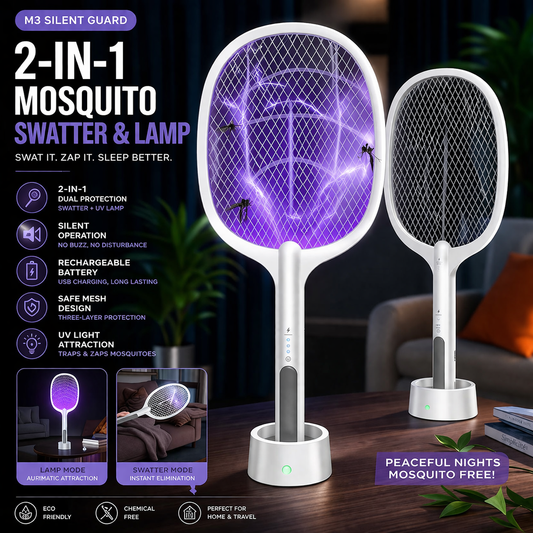 M3 Silent Guard 2-in-1 Mosquito Zapper – Rechargeable Electric Swatter & UV Lamp