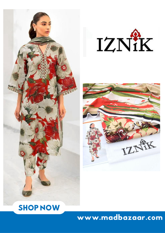 Iznik | 3pcs khaddar collection | Floral & abstract pattern of red/green/beige