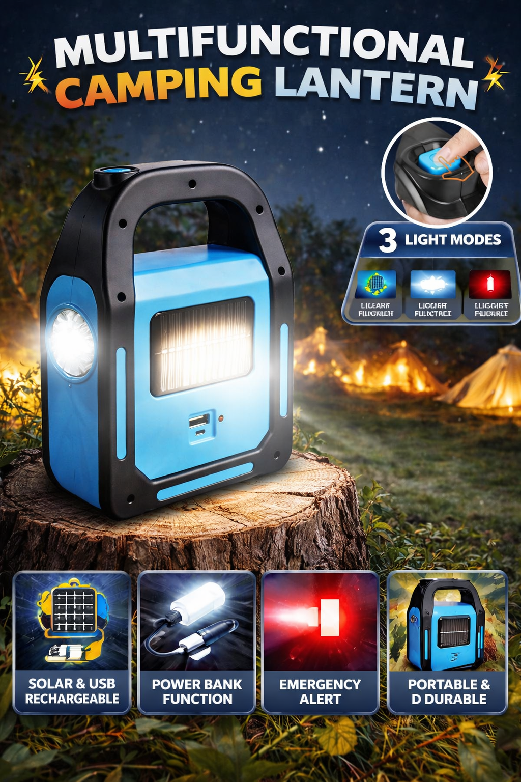 Multifunctional Solar Emergency Lantern – Rechargeable LED Camping Light with Power Bank & SOS Alert