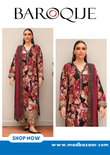 Black and red Baroque Premium Lawn Suit 3pc